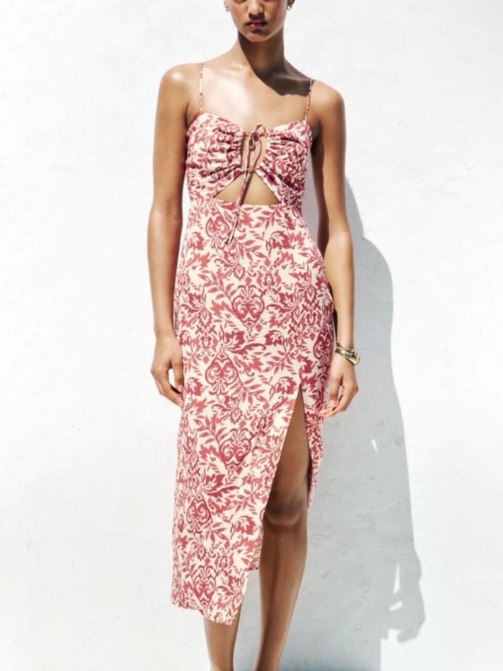 NWT! Zara Printed Rustic Midi Dress Red Cream Cutout Tie Front Slit 57350